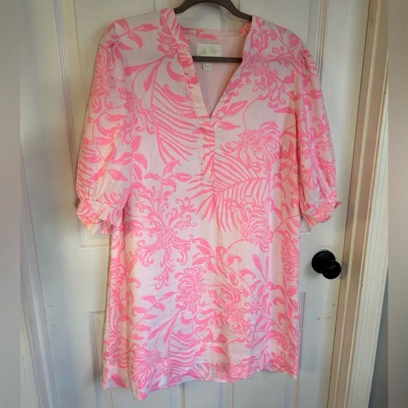 Lilly Pulitzer Mialeigh Palm Print Shift Dress Women’s Size 14 Pink and White - Picture 3 of 14
